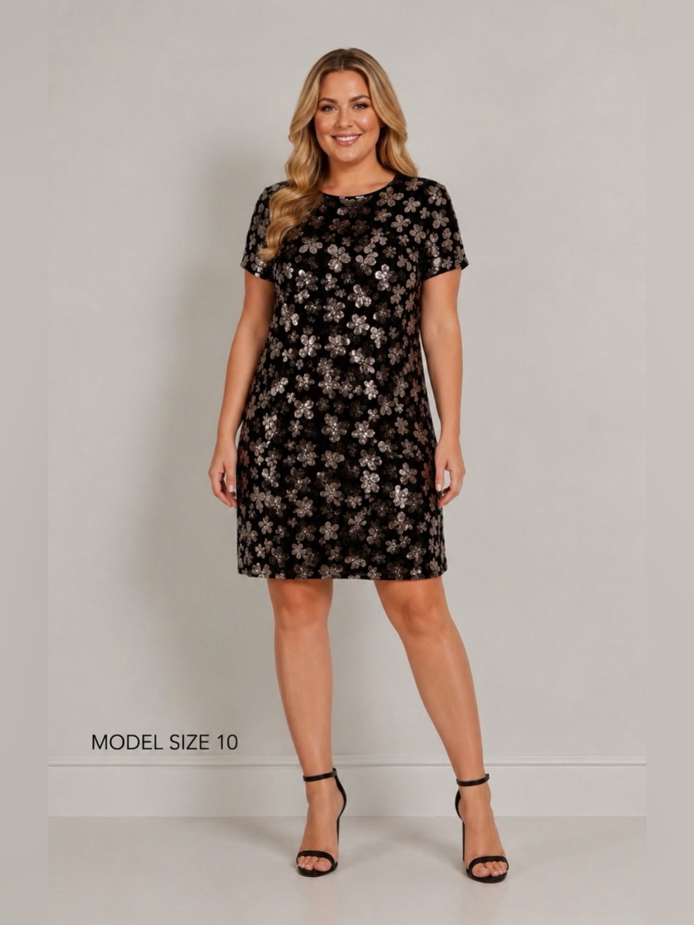 London Times Black Sequin Sparkle Floral Shift Dress Size 10 NWT Wedding Guest